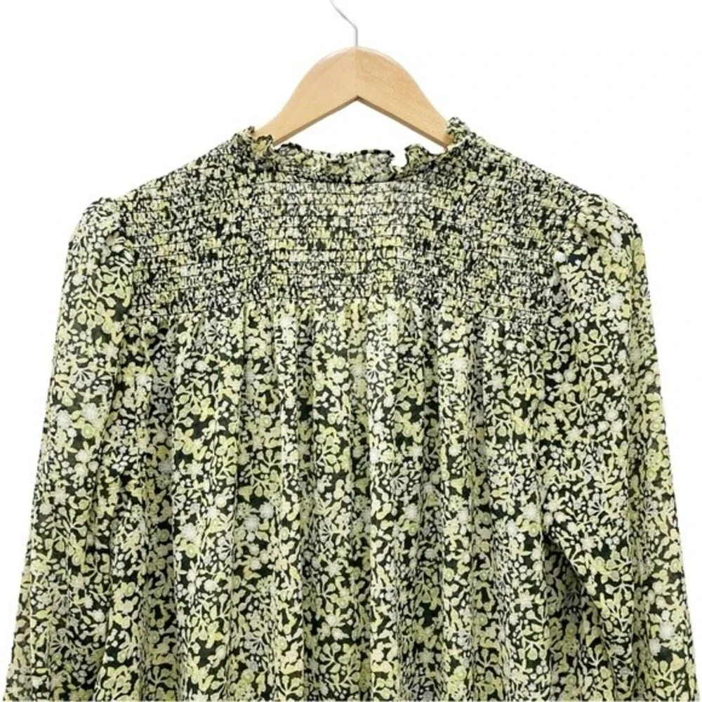 Free People Lela Blouse Floral Black & Green Flowy Boho Tie Neck Top Size Medium